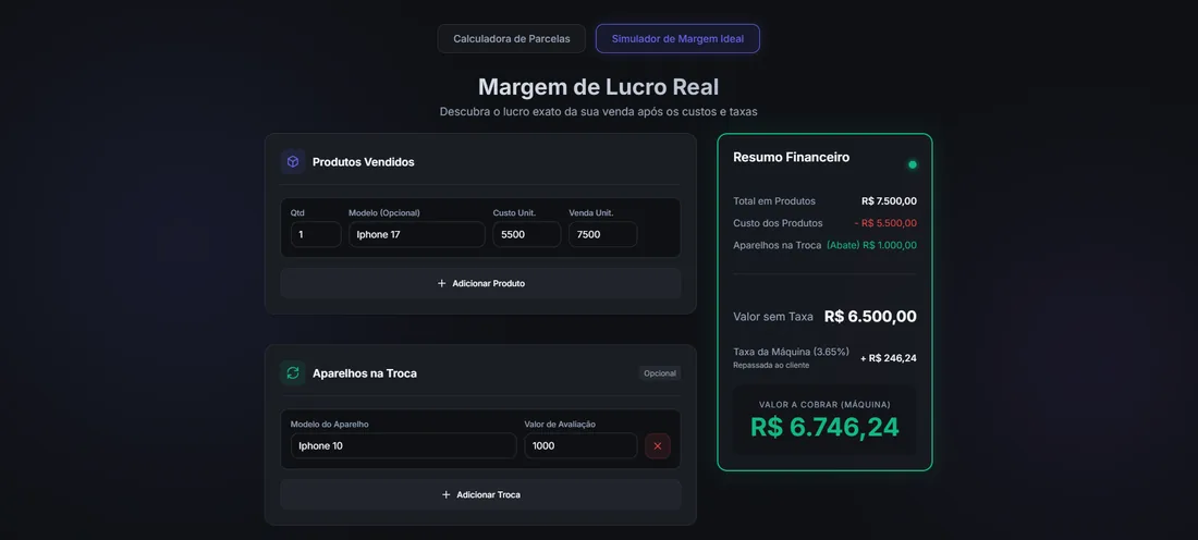 Simulador de margem com custo, venda, troca e resumo financeiro